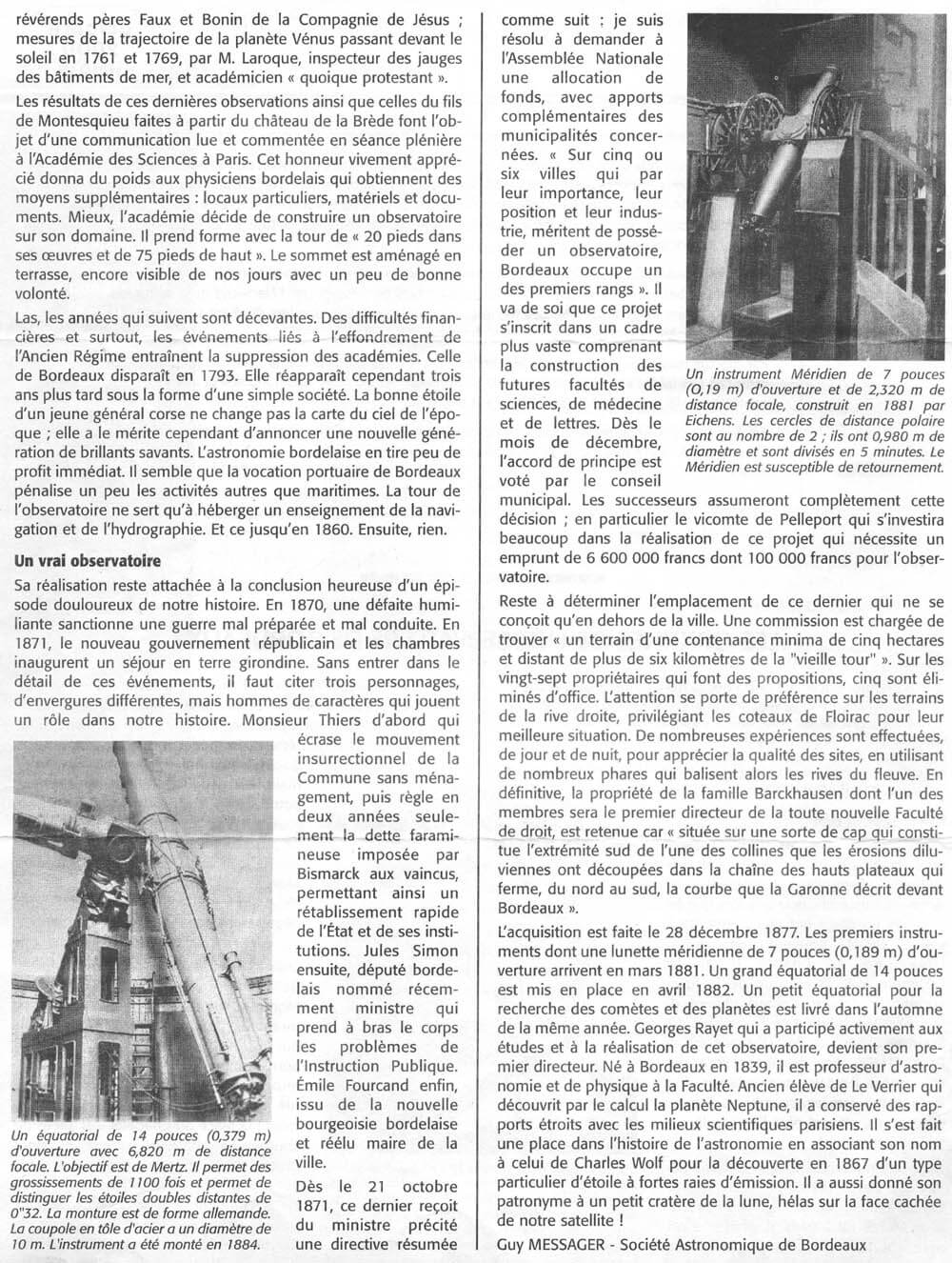 Les origines de l'observatoire de Bordeaux MSA octobre 2000 p2